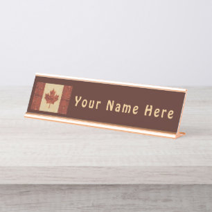 Canadian Flag On Inner Birch Bark Desk Name Plate