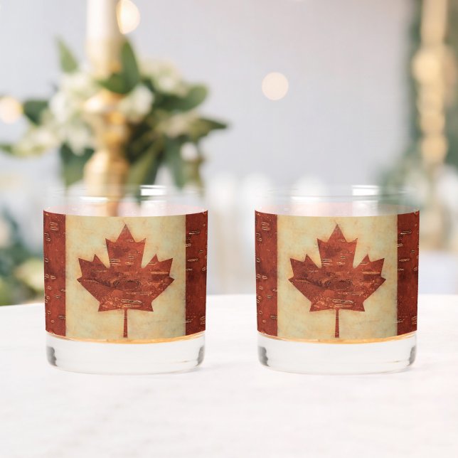 Canadian Flag On Inner Birch Bark Whiskey Glass (Insitu (Wedding))