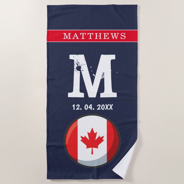 Canadian Flag Red White Blue Patriotic Monogram. B Beach Towel (Front)