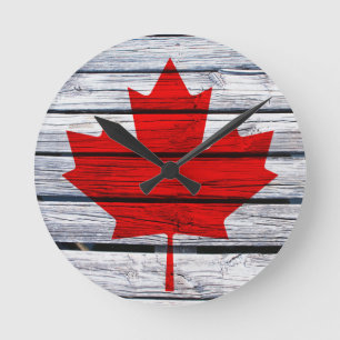 Canadian Flag Rustic Wood Round Clock