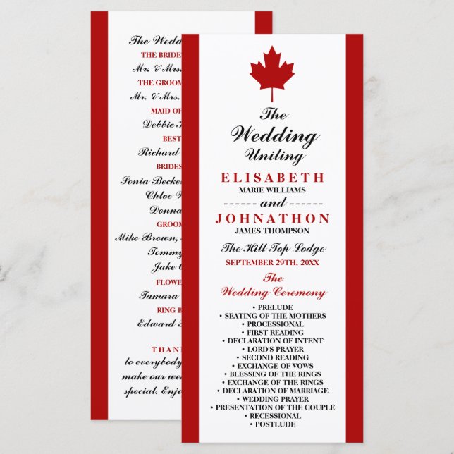 Canadian Flag Wedding Programme (Front/Back)