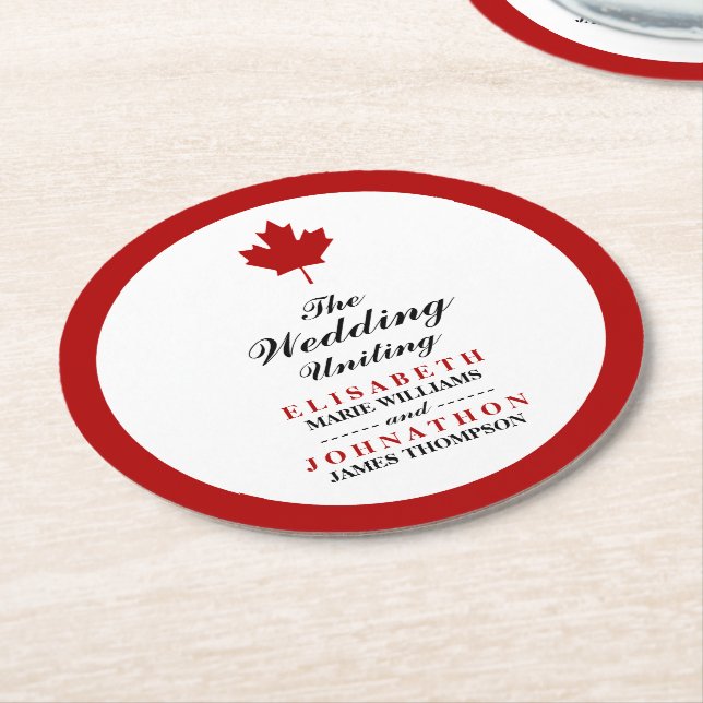 Canadian Flag Wedding Round Paper Coaster (Angled)