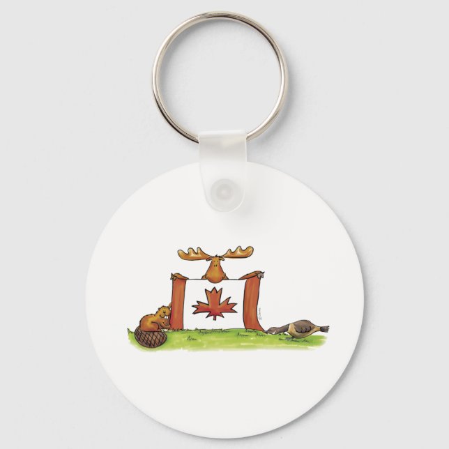 Canadian Flag with moose, beaver and goose Key Ring (Front)