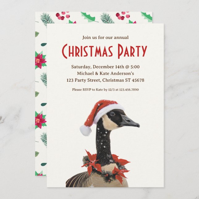 Canadian Goose Red Hat Poinsettias Christmas Party Invitation (Front/Back)