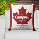 Canadian Maple Leaf Family Name Throw Pillow<br><div class="desc">Modern throw pillow personalised with your family name and your home city and province. Fun Canadian flag theme background printed right onto the fabric.  These wonderful throw pillows make a perfect housewarming or newlywed gift.</div>