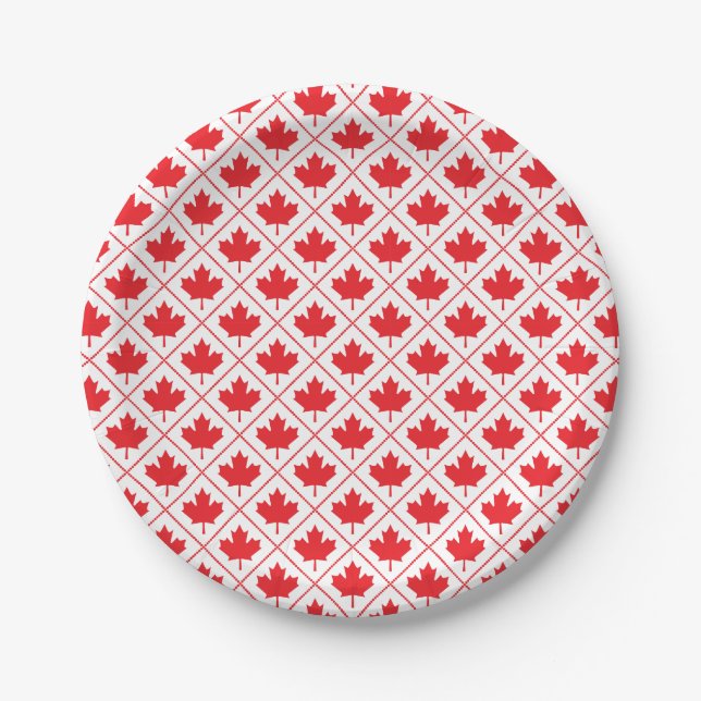 Canadian Maple Leaf Red and White Diamond Pattern Paper Plate (Front)