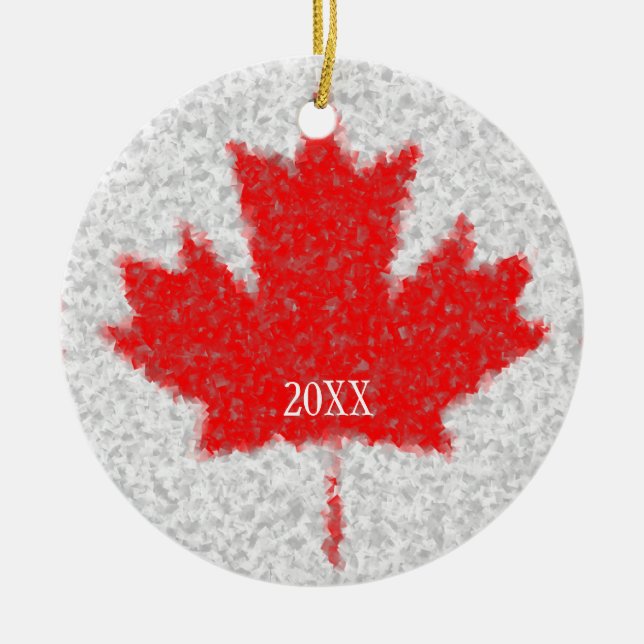 Canadian Maple Leaf Snowstorm Holiday Custom Date Ceramic Tree Decoration (Front)