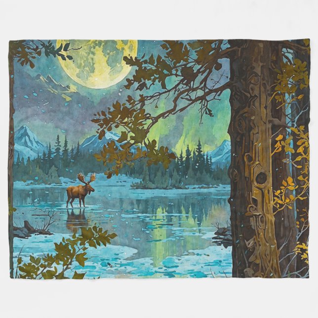 Canadian Moose & Winter Moon Fleece Blanket (Front (Horizontal))