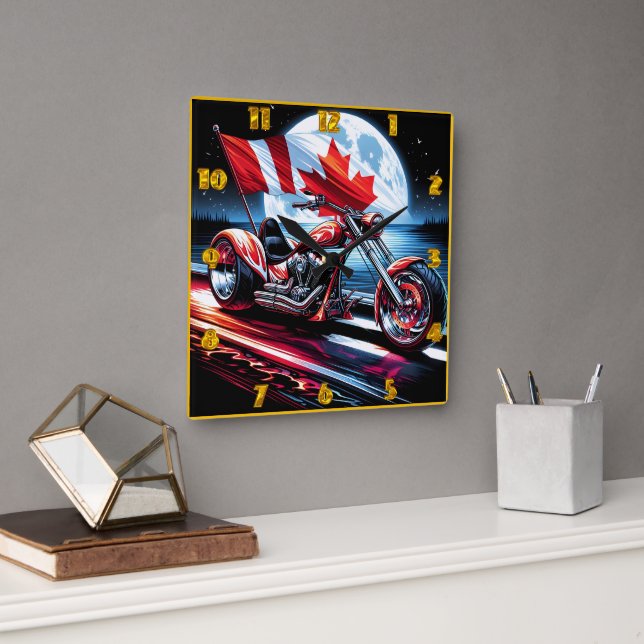 Canadian motorcycle cruising under a full moon square wall clock (Office)