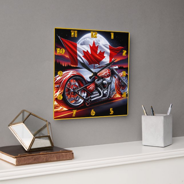 Canadian motorcycle under moonlight square wall clock (Office)