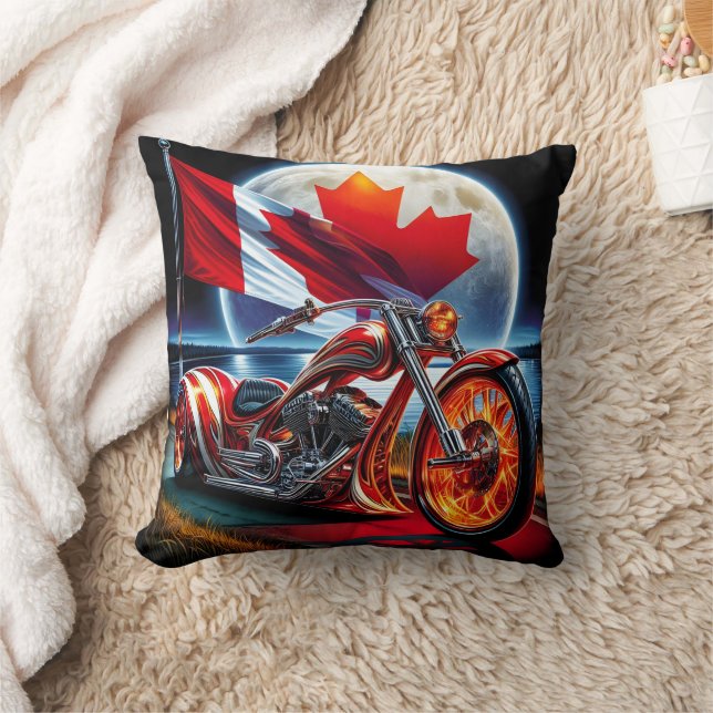 Canadian motorcycle with flag in moonlit landscape cushion (Blanket)