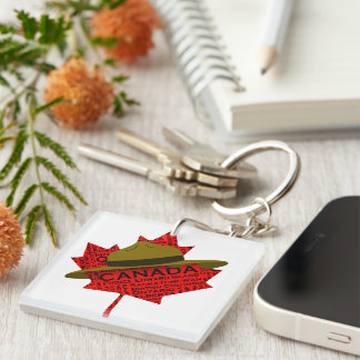 Canadian Mountie Hat on Red Maple Leaf Key Ring