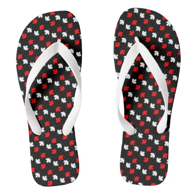 CANADIAN Patriot Red and White Maple on BLACK Flip Flops (Footbed)