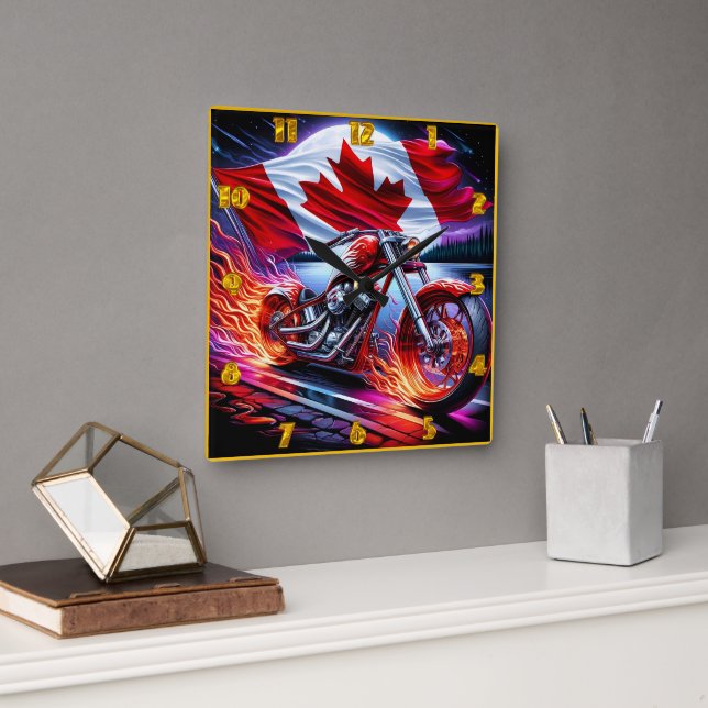 Canadian pride motorcycle at sunset square wall clock (Office)