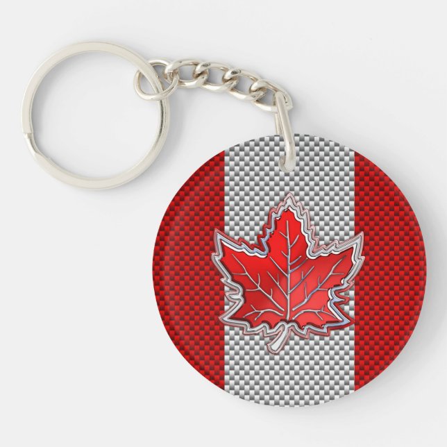 Canadian Red Maple Leaf Carbon Fibre retro style Key Ring (Front)