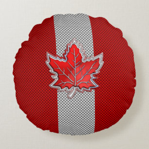 Canadian Red Maple Leaf on Carbon Fibre style Round Cushion