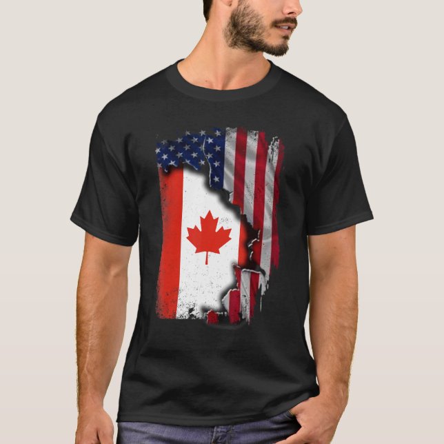 Canadian ROOTS Half American Flag Patrioitc Canada T-Shirt (Front)