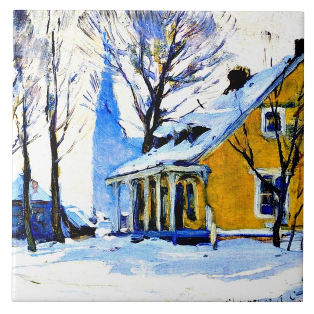 Canadian Village, Grey Day, Clarence Gagnon art, Tile (Front)