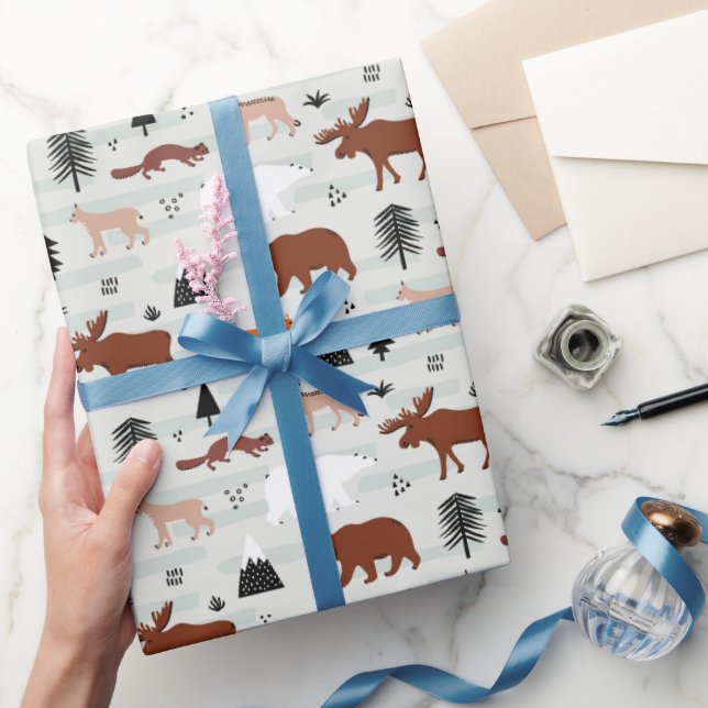 Canadian Wild Animals Pattern Moose Bear Fox Wolf Wrapping Paper (Gifting)