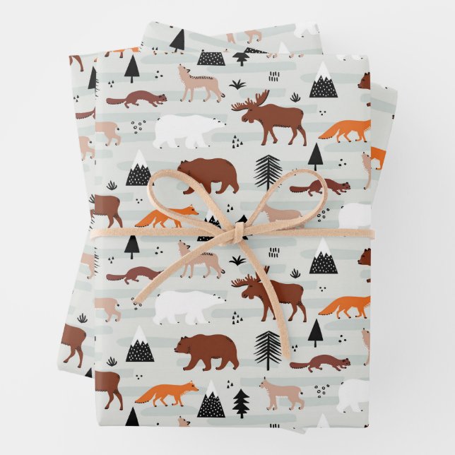 Canadian Wild Animals Pattern Moose Bear Fox Wolf Wrapping Paper Sheet (In situ)