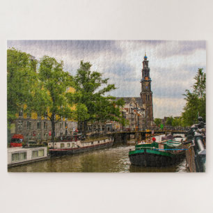 Canal and old church in Amsterdam, Netherland Jigsaw Puzzle