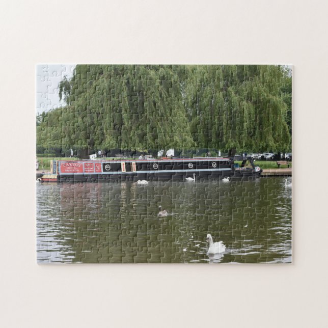 Canal Boat and Swans on the River Avon England UK Jigsaw Puzzle (Horizontal)
