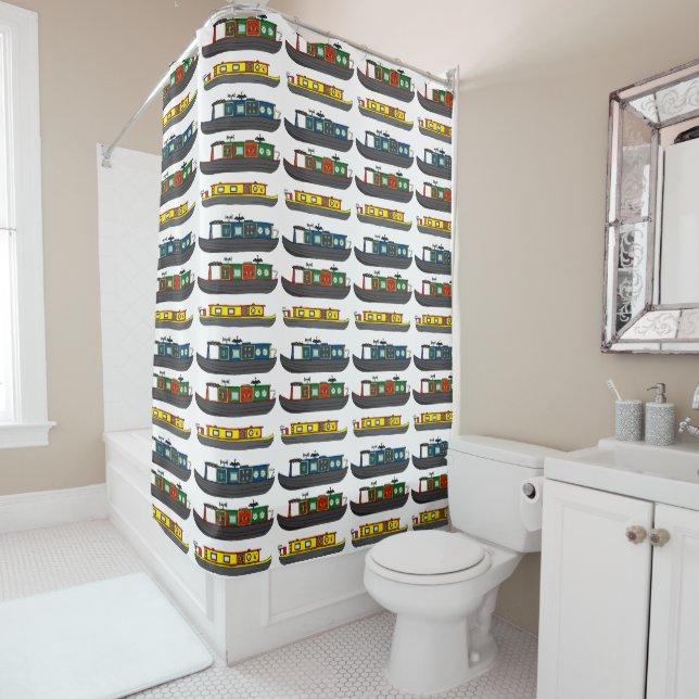 Canal Boats and Barges Patterned Shower Curtain (In Situ)