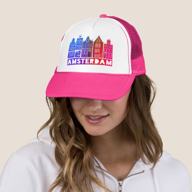 Canal House Pink Amsterdam Holland Dutch Travel Trucker Hat (In Situ)