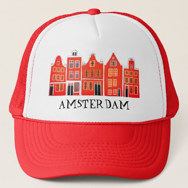 Canal House Row Amsterdam Holland Dutch Travel Trucker Hat (Front)