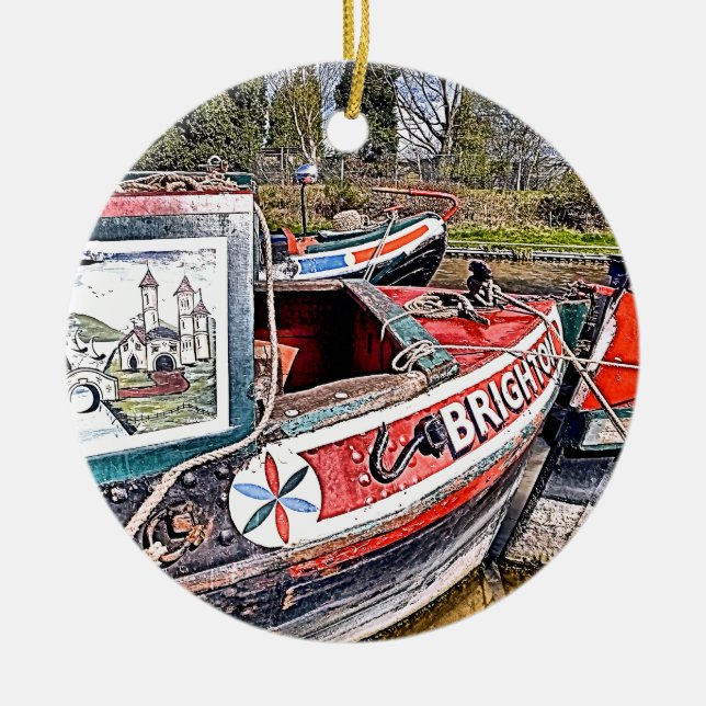 CANAL NARROWBOATS CERAMIC TREE DECORATION (Front)