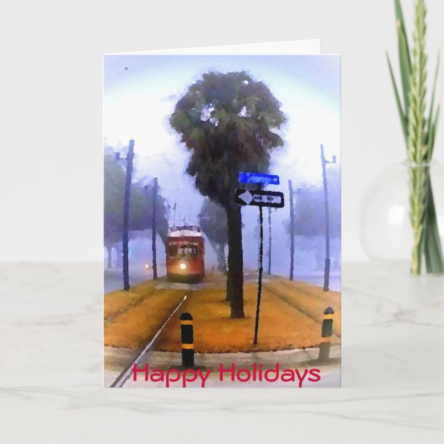 Canal Streetcar Foggy Morning Happy Holidays Holiday Card (Front)