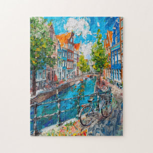 Canal with Bicycles and Colourful Houses Painting Jigsaw Puzzle