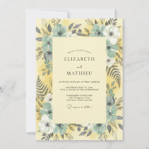 Canary Blue Watercolor Floral Wedding Invitation