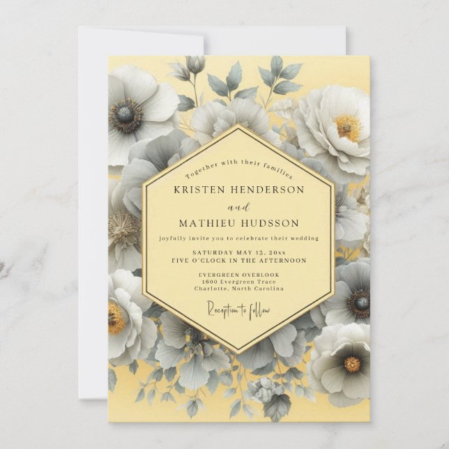 Canary Grey Artistic Bloom Wedding Invitation (Front)