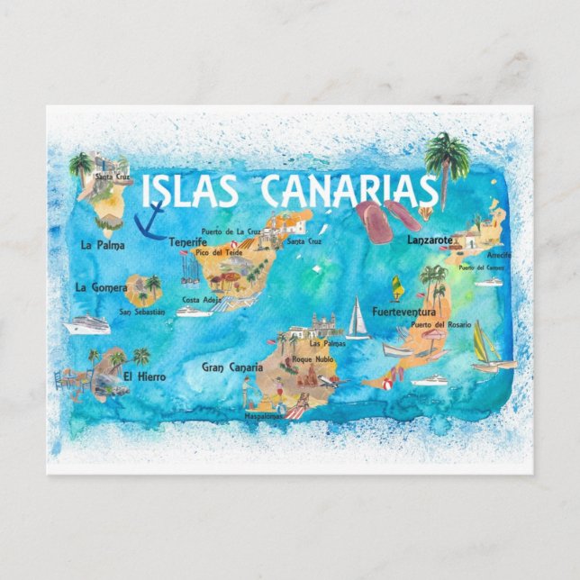 Canary Islands Illustrated Travel Map  Holiday Postcard (Front)