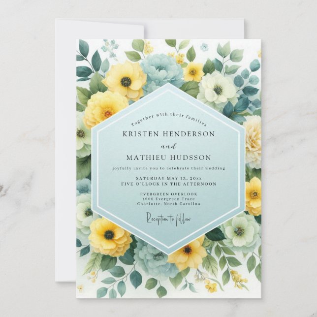 Canary Powder Blue Bloom Wedding Invitation (Front)