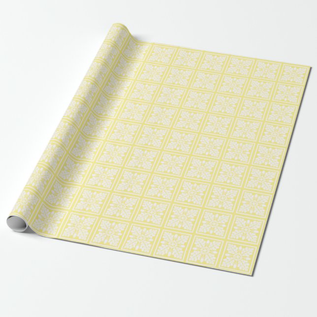 Canary Yellow Acorn and Leaf Tile Design Wrapping Paper (Unrolled)