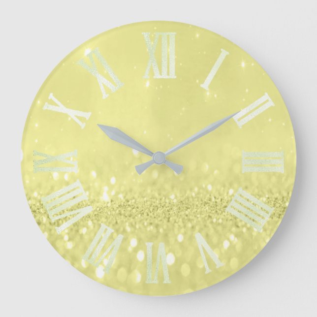 Canary Yellow Glitter Grey Silver Roman Numbers Large Clock (Front)
