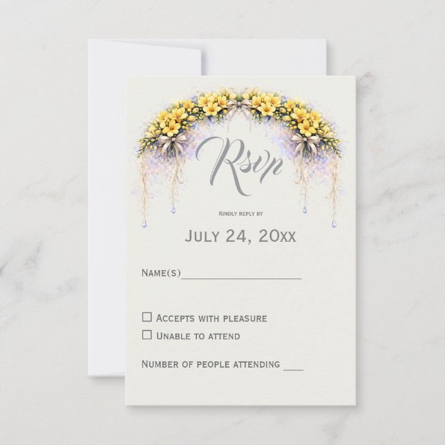Canary Yellow Romantic Freesia  Floral Wedding RSVP Card (Front)