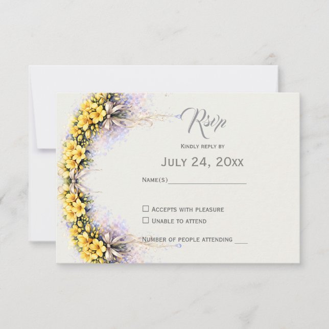 Canary Yellow Romantic Freesia  Floral Wedding RSVP Card (Front)