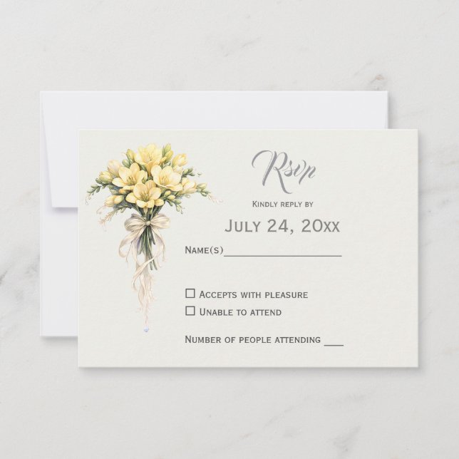 Canary Yellow Romantic Freesia  Floral Wedding RSVP Card (Front)