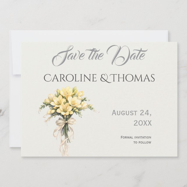 Canary Yellow Romantic Freesia  Floral Wedding Save The Date (Front)