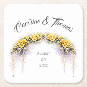 Canary Yellow Romantic Freesia Floral Wedding Square Paper Coaster