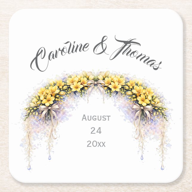 Canary Yellow Romantic Freesia  Floral Wedding Square Paper Coaster (Front)