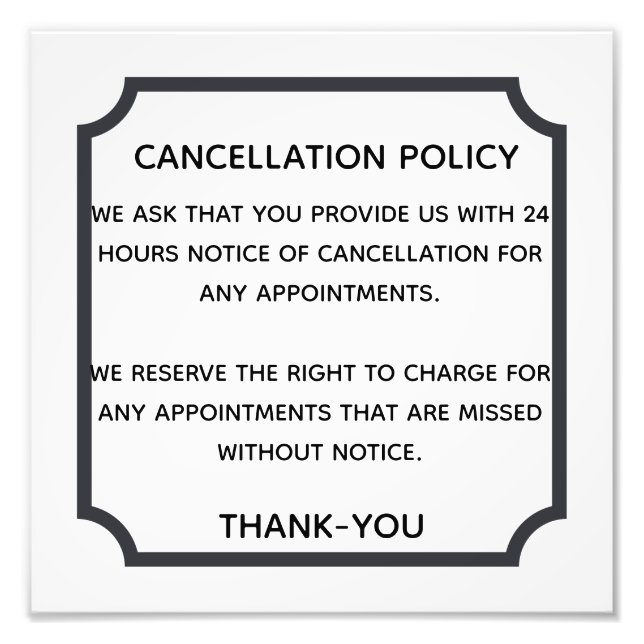 Cancellation policy poster for salon or spa (Front)