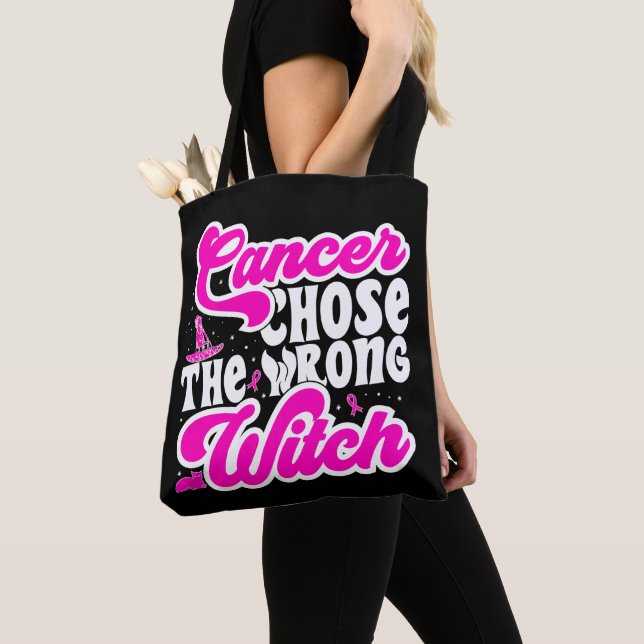 Cancer Chose The Wrong Witch Breast Cancer Funny Tote Bag (Close Up)