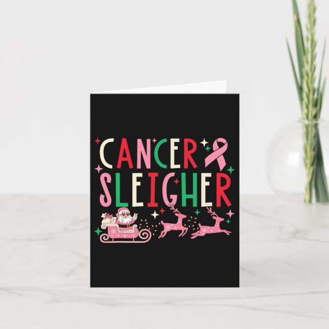Cancer Christmas Pink Ribbon Santa Sleigh Reindeer Card (Front)