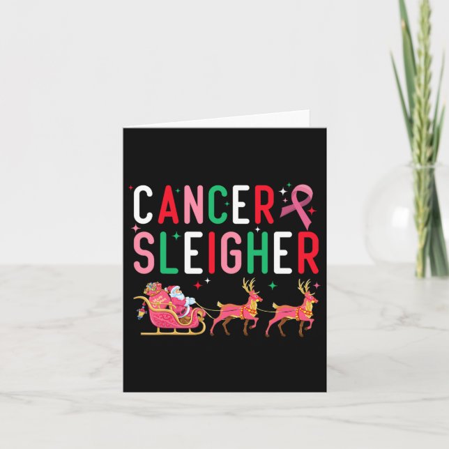 Cancer Christmas Pink Ribbon Santa Sleigh Reindeer Card (Front)