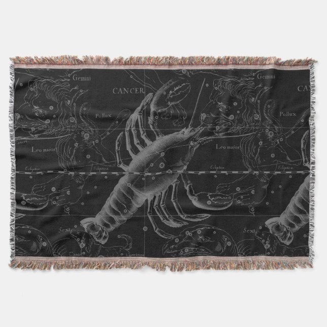 Cancer Constellation Map Black Hevelius circa 1690 Throw Blanket (Front)