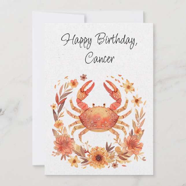 Cancer Crab Zodiac Boho Floral Birthday Flat Card (Front)